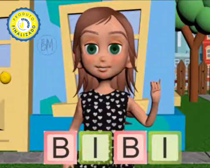 [Descrição]: Imagem clicável, que direciona para a página da Animação em Libras. Imagem em 3D estilo cartton de uma menina de mais ou menos 8 anos, fazendo sinal em Libras com a mão esquerda, olhando para a câmera. No rodapé da imagem aparece as letras do seu nome: Bibi. Ao fundo, como parte do cenário, aparece parte de uma casa e algumas árvores. No canto superior esquerdo, a imagem contém o selo de Produto Finalizado. [Fim da Descrição]