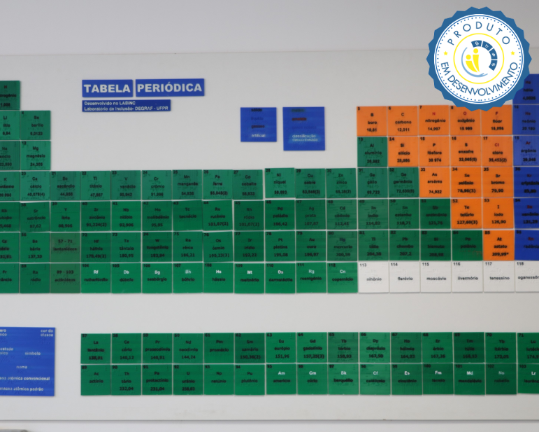 [Descrição]: Imagem clicável, que direciona para a página da Tabela Periódica Tátil. Foto em vista de frente com fundo branco, da Tabela Periódica completa. No canto superior direito, a imagem contém o selo de Produto em Desenvolvimento. [Fim da Descrição]